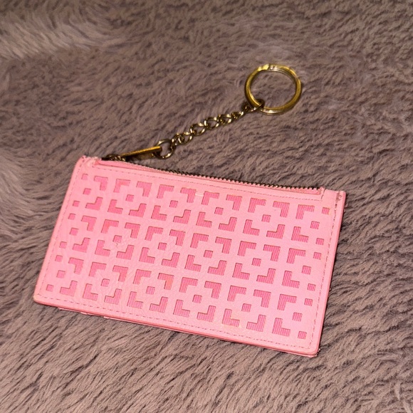 Accessories - Pink Keychain Wallet texture design gold metal holder zipper closure card holder